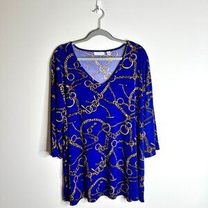 Susan Graver Cobalt Blue Gold Chain Print V-Neck Tunic Top Liquid Knit Sz 2X